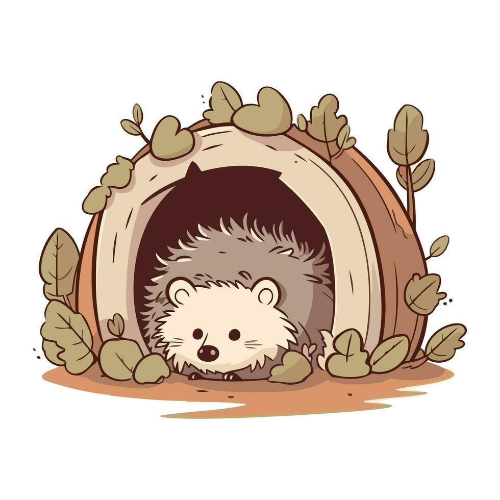 Cute hedgehog in a doghouse. Vector illustration.