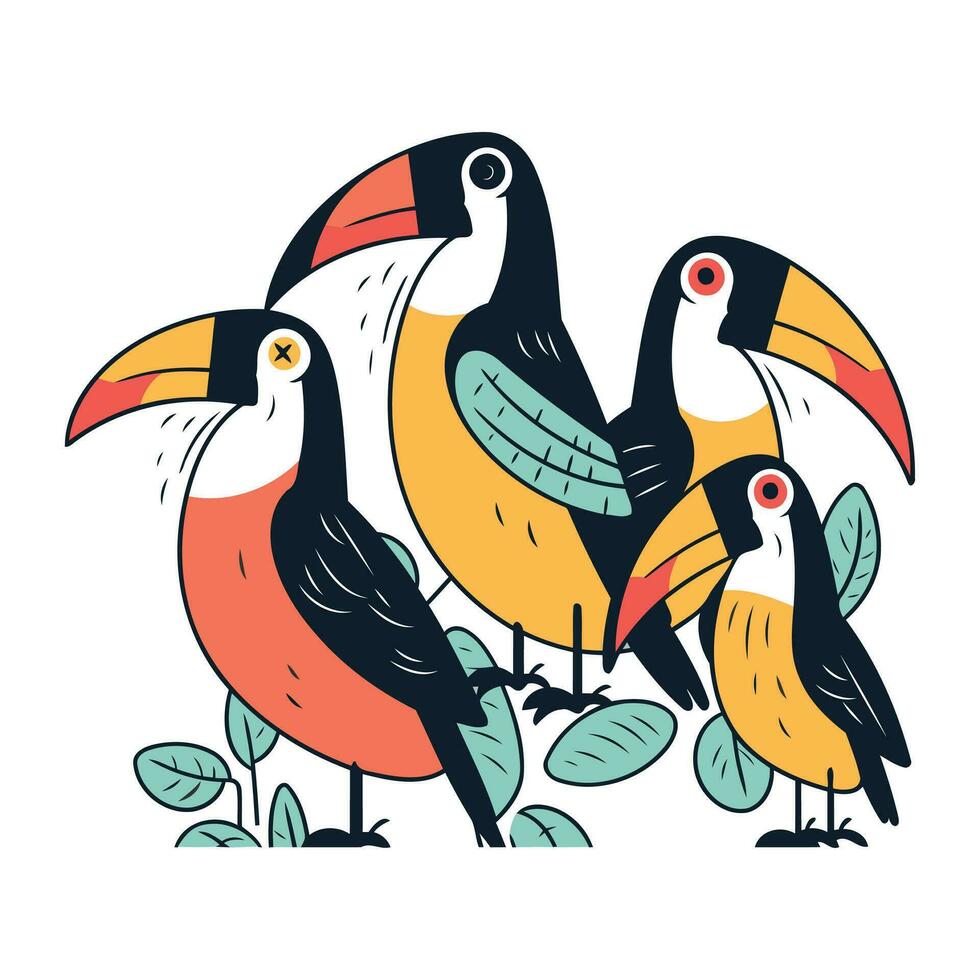 Cute toucans. Vector illustration in cartoon style isolated on white background.