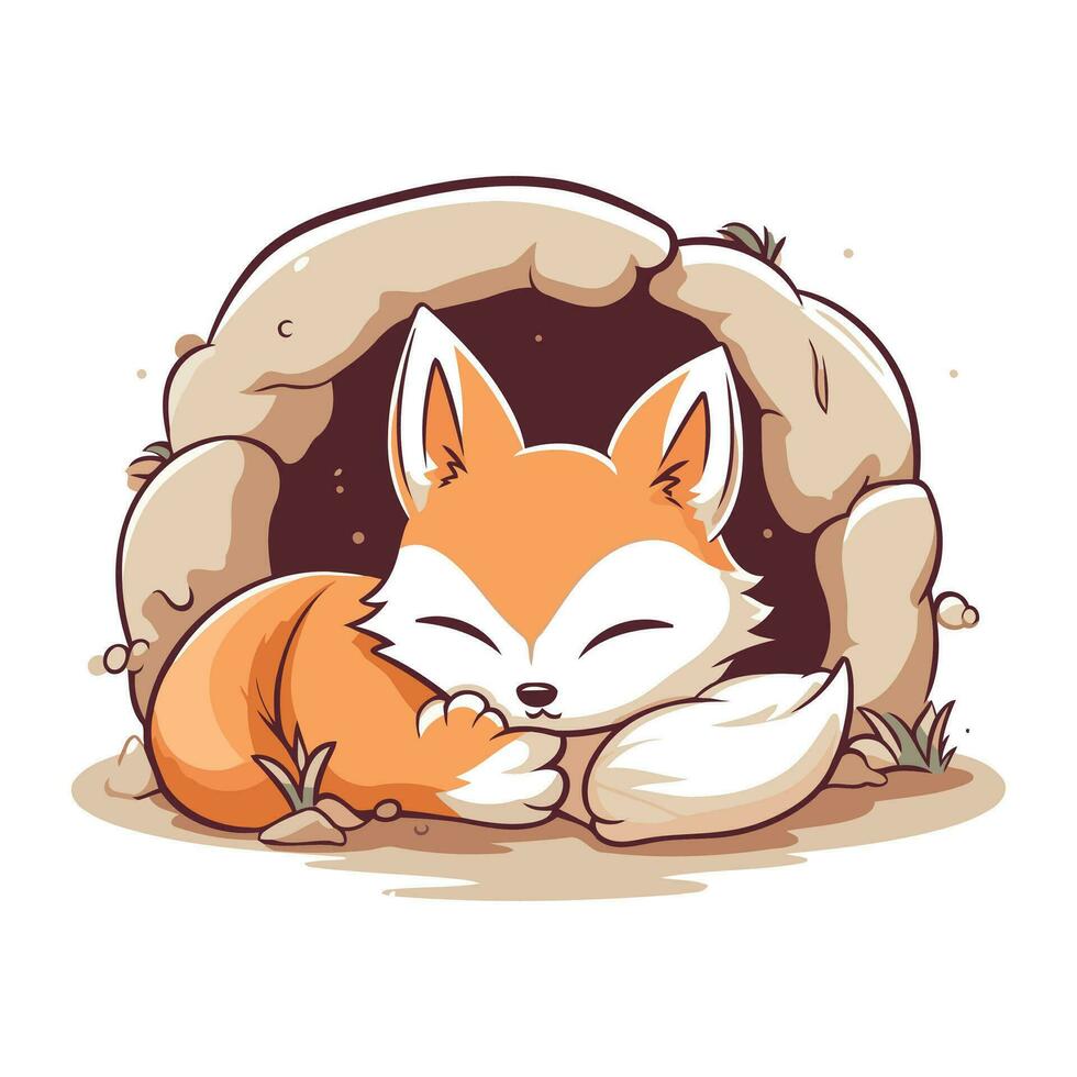 Cute cartoon fox sleeping in a burrow. Vector illustration.