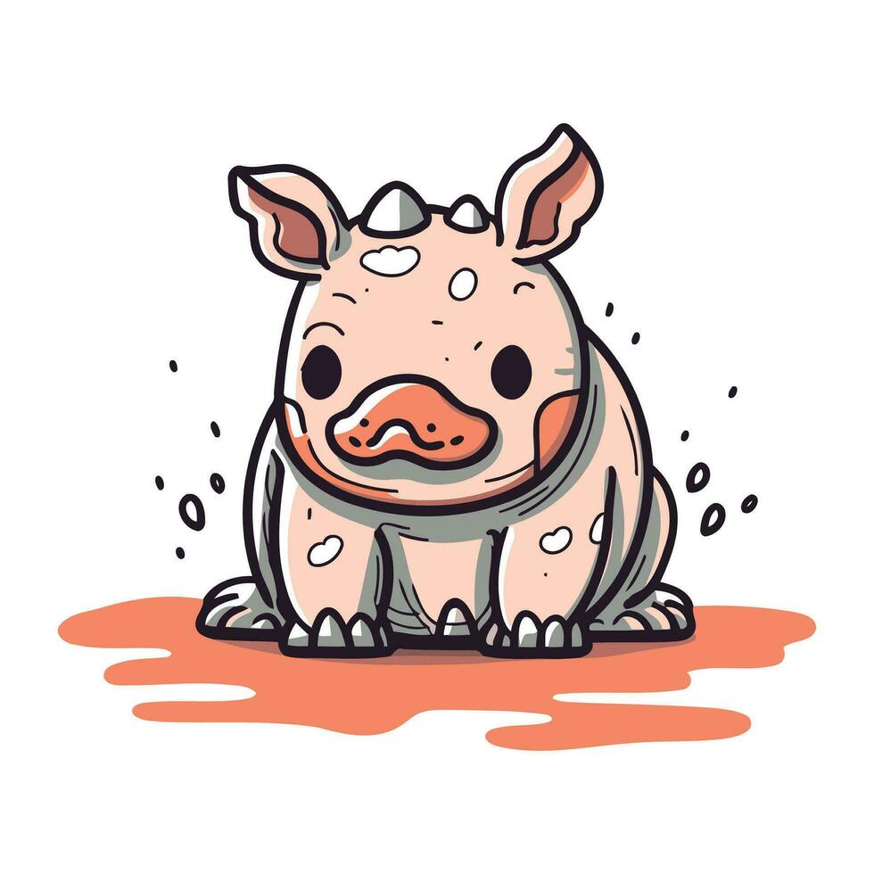 Cute hippopotamus sitting on the ground. Vector illustration.