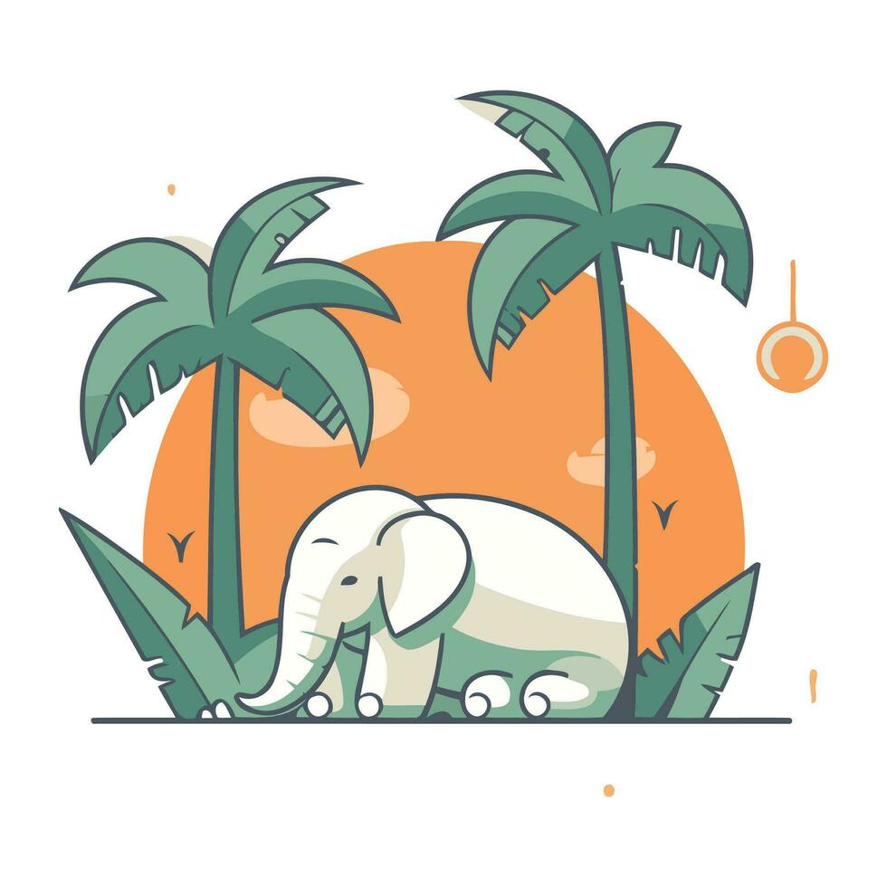 Vector illustration of a cute elephant on the background of palm trees.