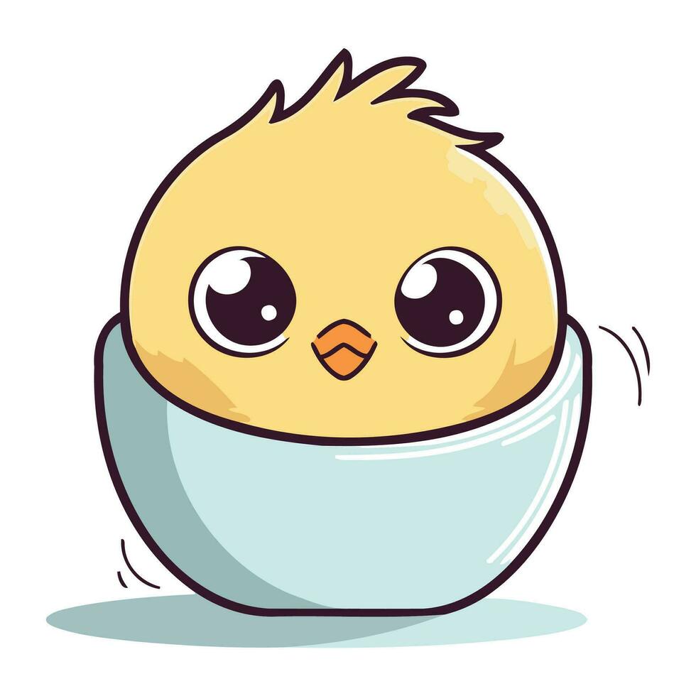 Cute cartoon chicken in a blue egg shell. Vector illustration.