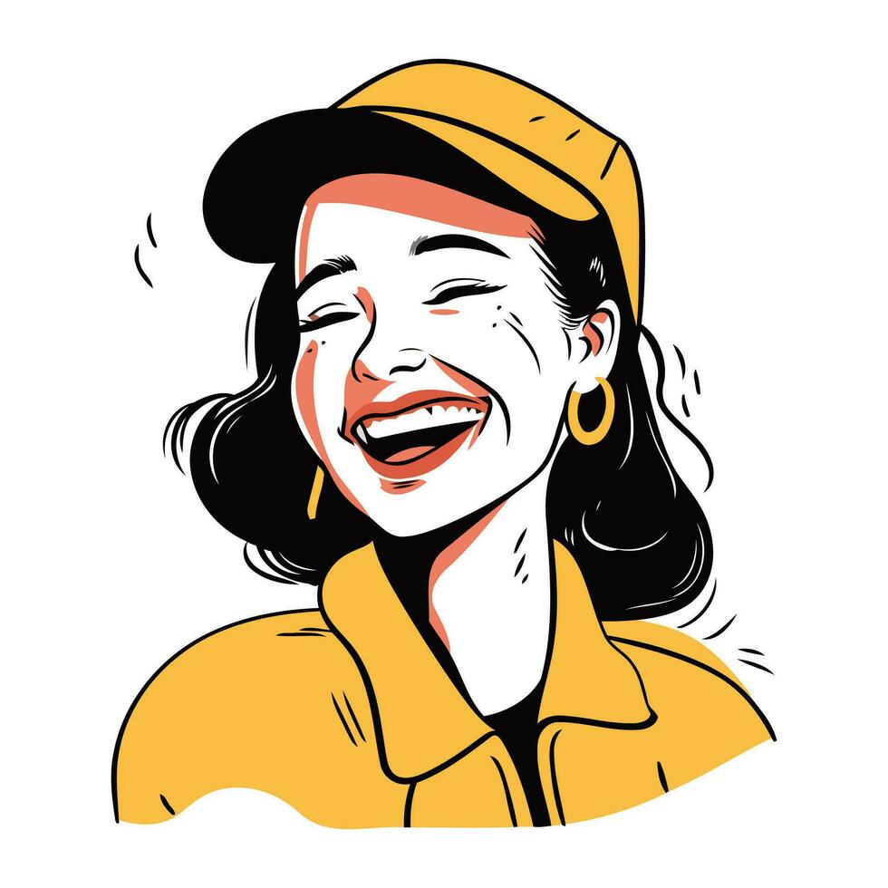 vector ilustración de un contento mujer en un gorra y amarillo chaqueta.