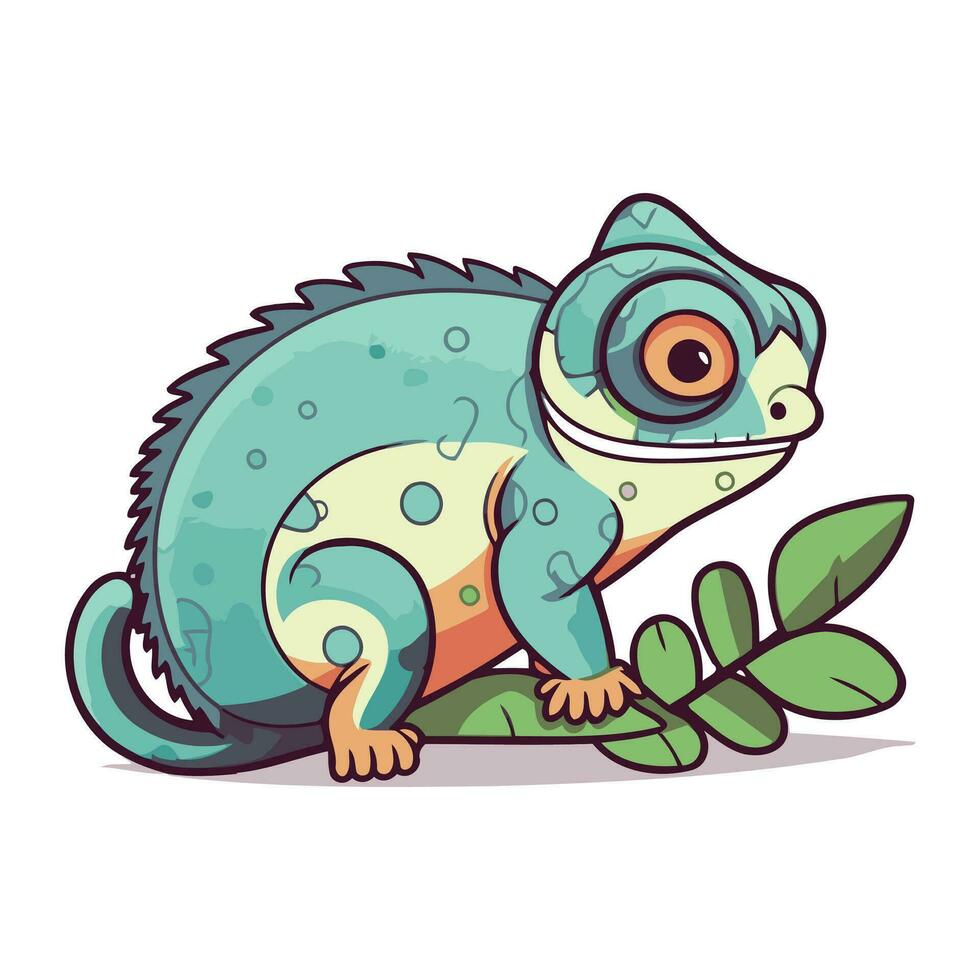 Cute cartoon chameleon sitting on green leaves. Vector illustration