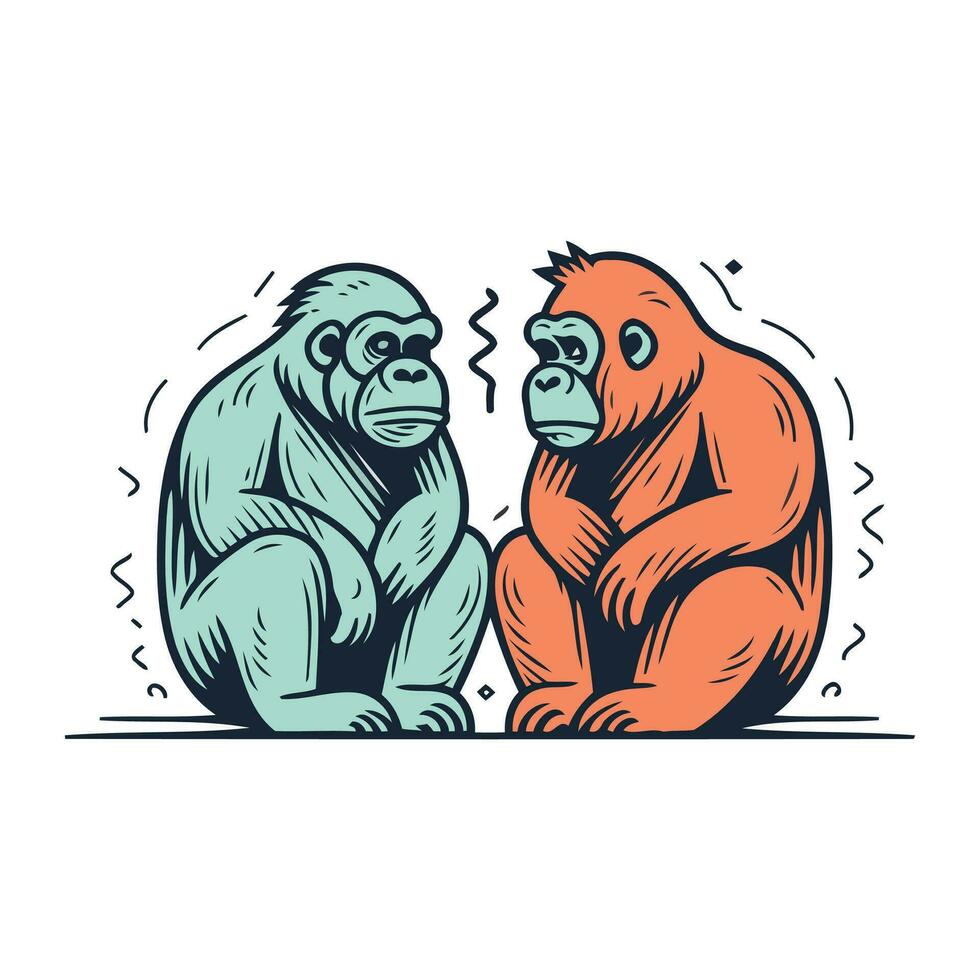 Gorilla and monkey. Hand drawn vector illustration. Isolated on white background.