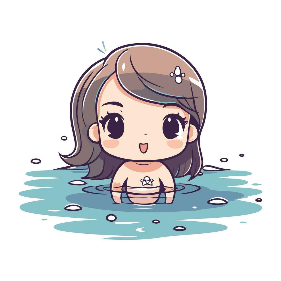 Cute little girl bathed in the water. Vector illustration.