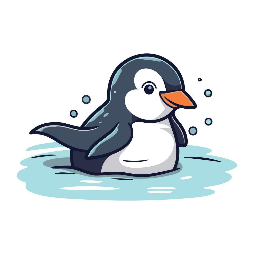 Cute cartoon penguin swimming in the water. Vector illustration.