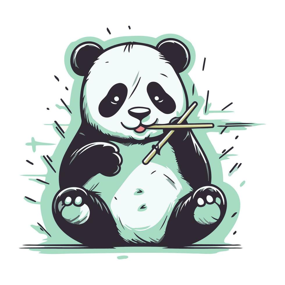 linda panda con palillos. mano dibujado vector ilustración.