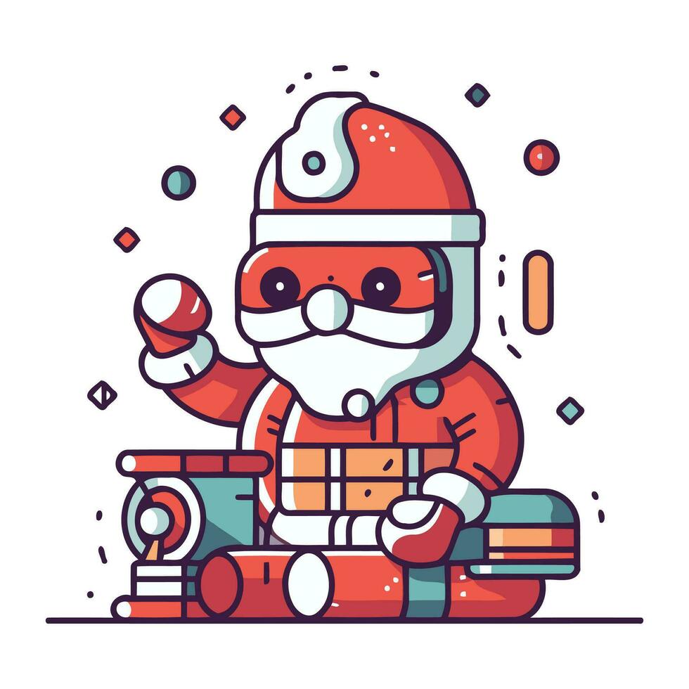 Santa Claus with gifts. Vector illustration in a flat linear style.