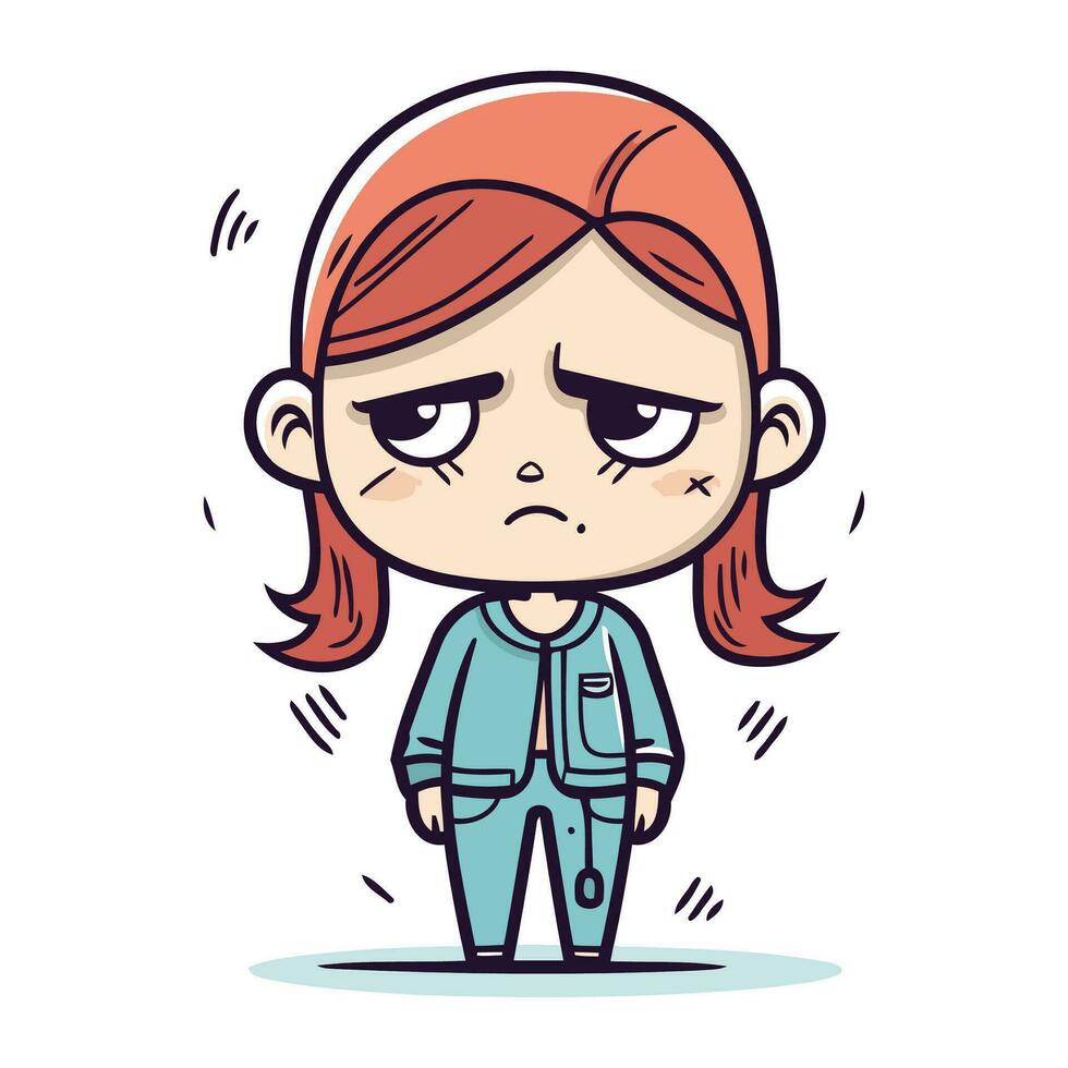 Angry little girl in overalls. Vector illustration in cartoon style.