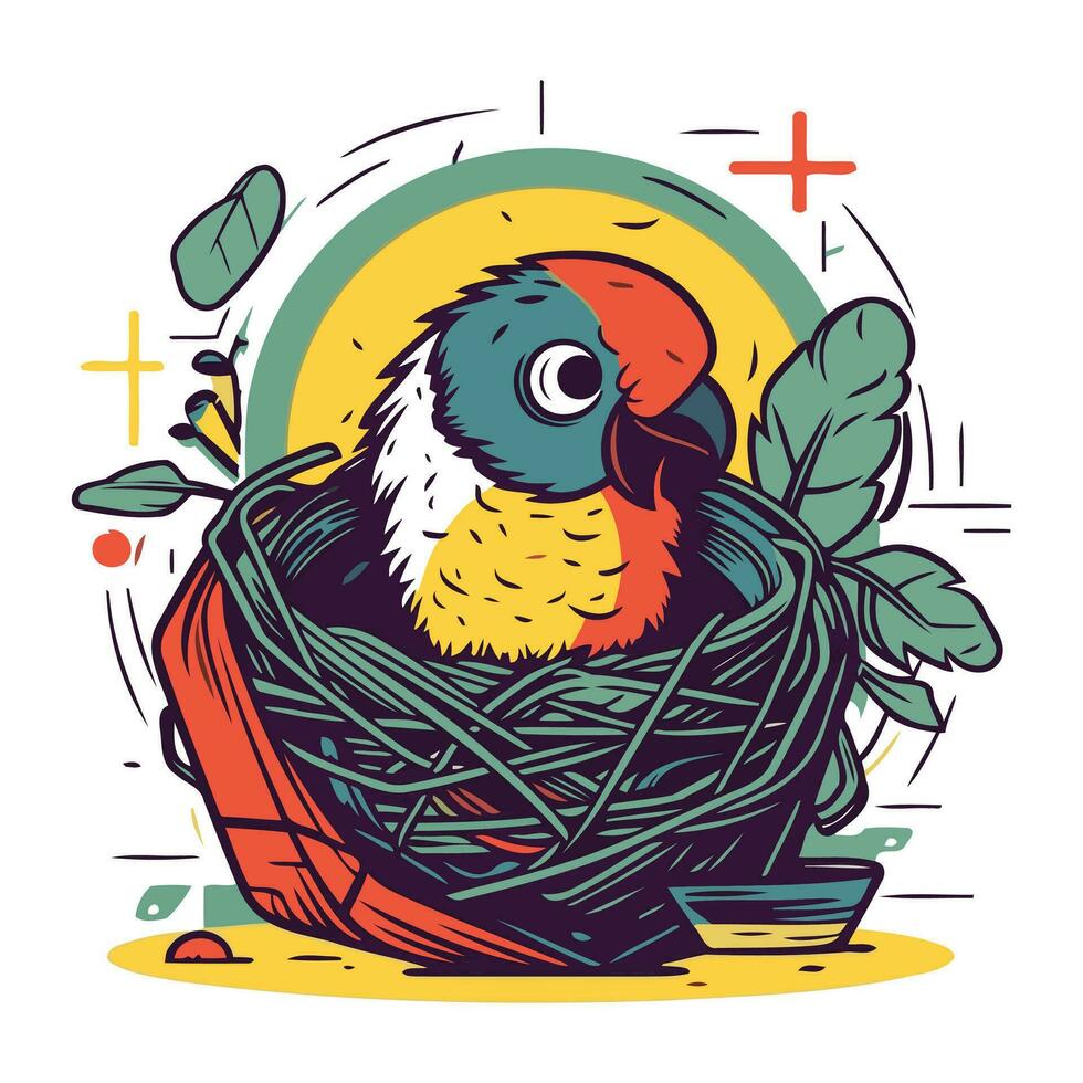 Parrot in the nest. Vector illustration in doodle style.