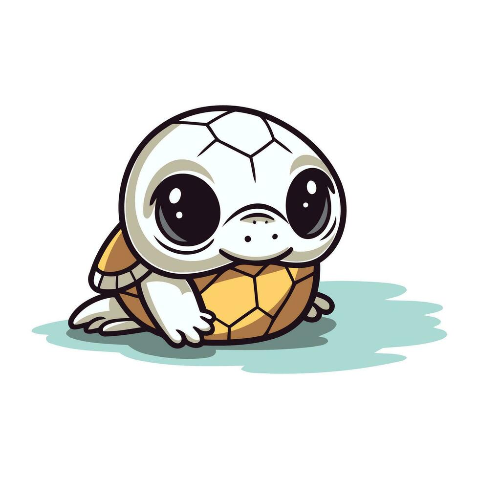 Cute baby turtle playing with a soccer ball. Vector illustration.