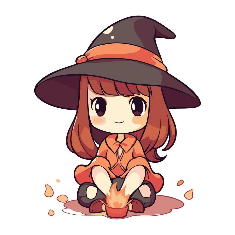 Cute little witch sitting on the ground and holding a candle. vector