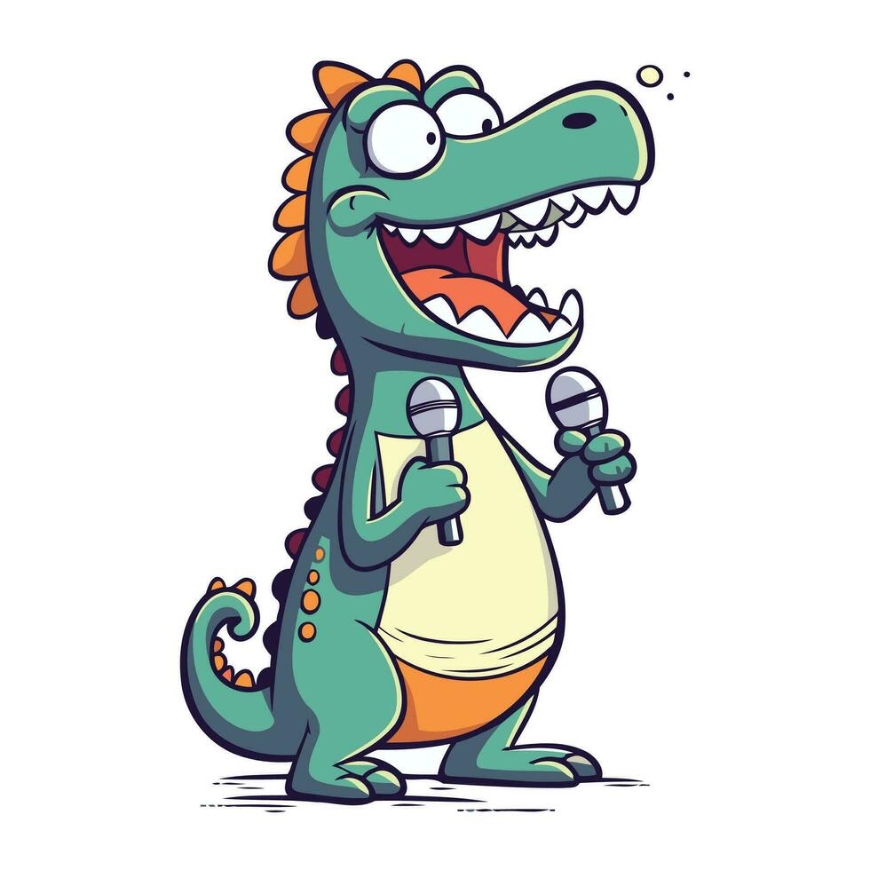 Cartoon crocodile singing karaoke with microphone. Vector illustration.