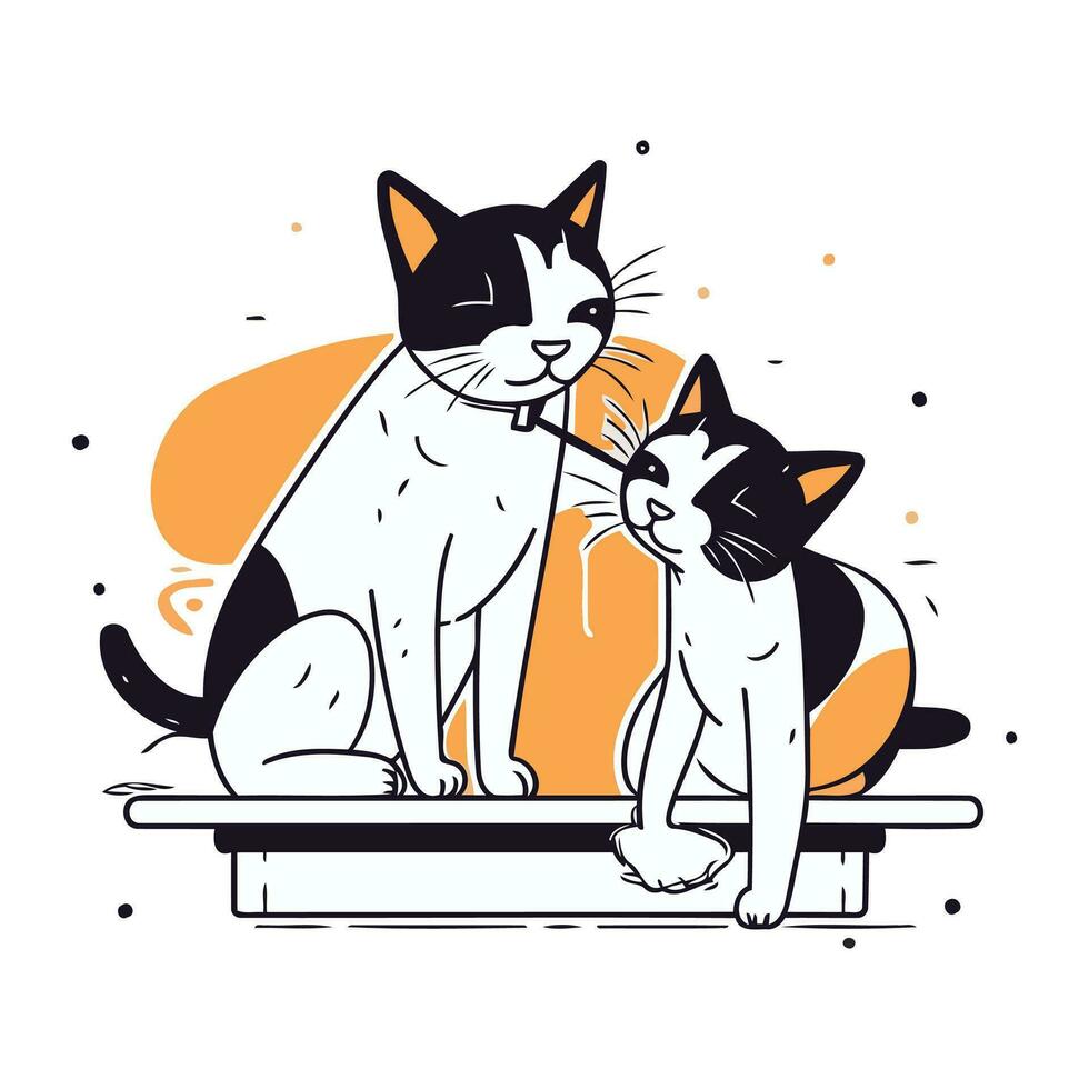 Vector illustration of two cats sitting on a bench and playing with each other.