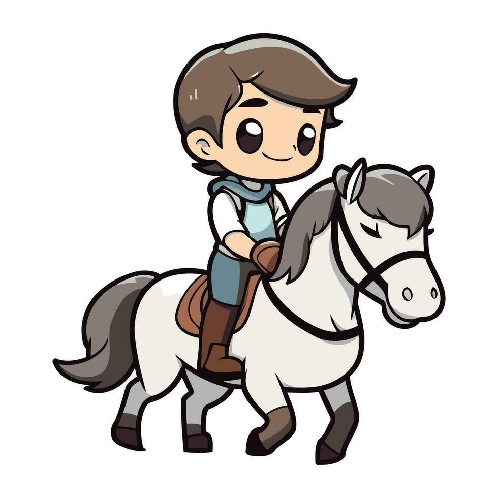 Cute boy riding a horse on white background. Vector illustration.