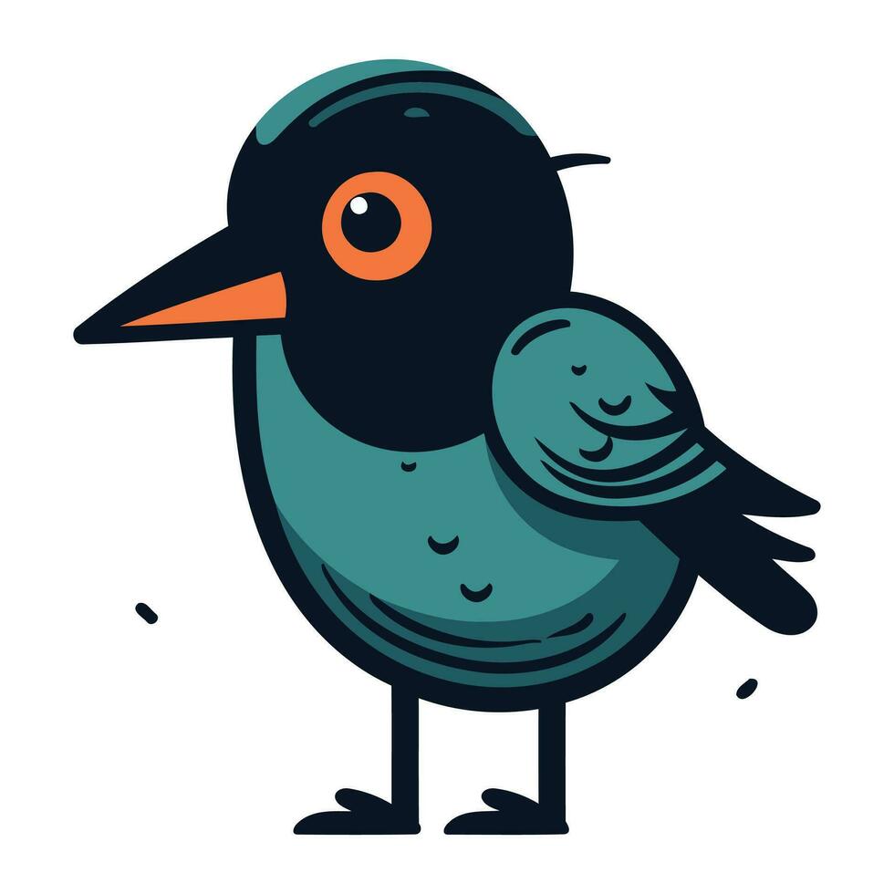 Cute black bird with orange eyes. Cute cartoon vector illustration.