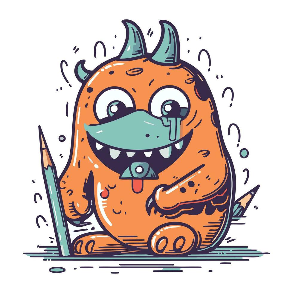 Funny monster with pencils. Vector illustration in cartoon style.