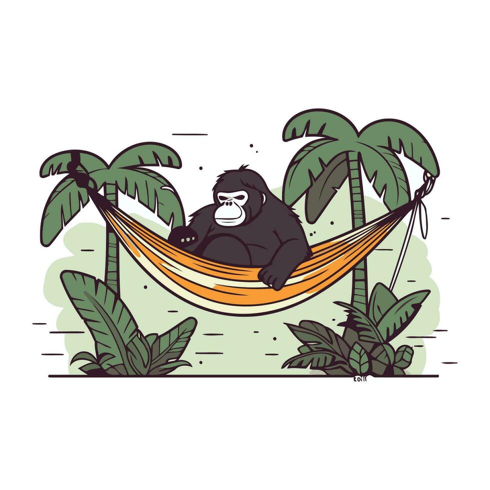 Gorilla in a hammock. Vector illustration in cartoon style.