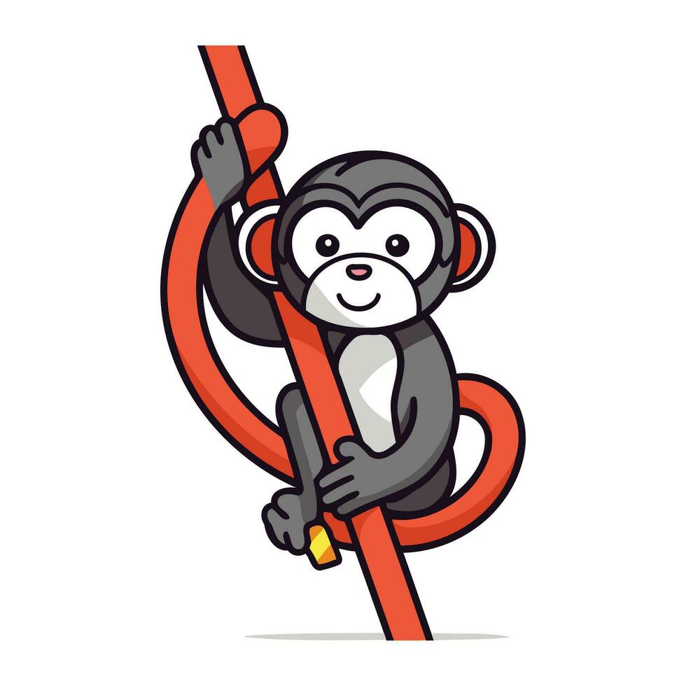 Cute monkey climbing on the rope. Vector illustration in cartoon style.