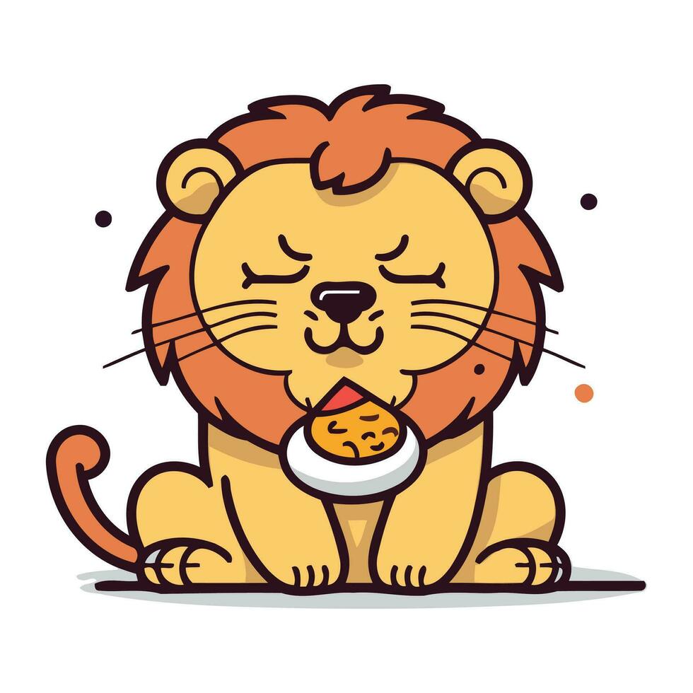 Lion eating cookie. Cute cartoon character. Vector illustration.