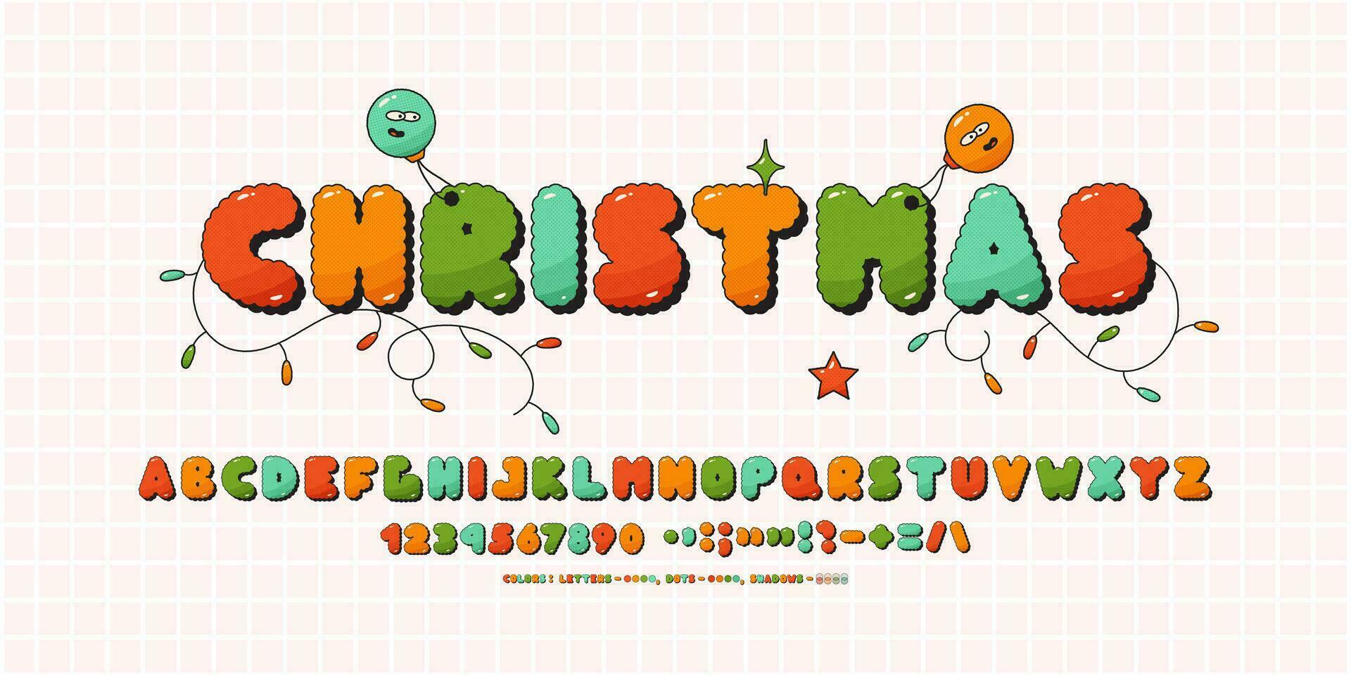 Font retro groovy Christmas. Alphabet color letters and numbers. Typography decorative symbols. vector