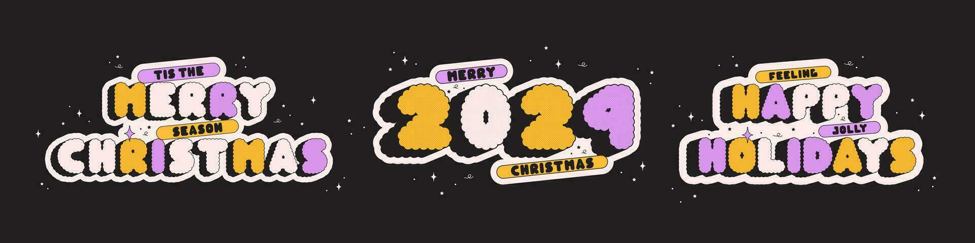 Groovy Christmas halftone Sticker set. Yellow and purple letters. vector