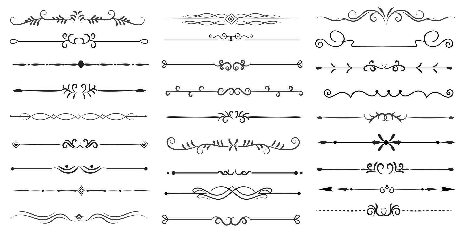 Page Divider And Design Elements. Set of Various Simple Black Divider Design, Assorted Divider Collection Template Vector. Collection of floral dividers elements mega decoration for Calligraphy. vector