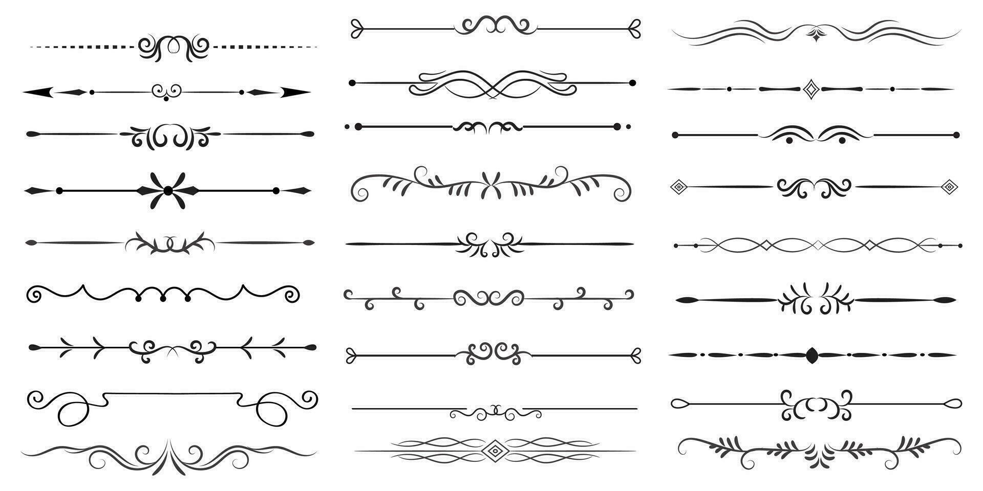 Page Divider And Design Elements. Set of Various Simple Black Divider Design, Assorted Divider Collection Template Vector. Collection of floral dividers elements mega decoration for Calligraphy. vector