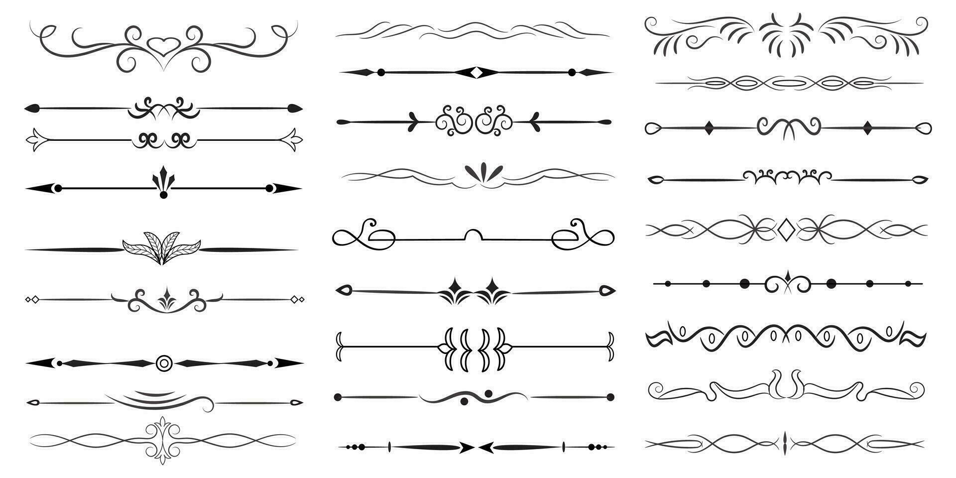 Page Divider And Design Elements. Set of Various Simple Black Divider Design, Assorted Divider Collection Template Vector. Collection of floral dividers elements mega decoration for Calligraphy. vector