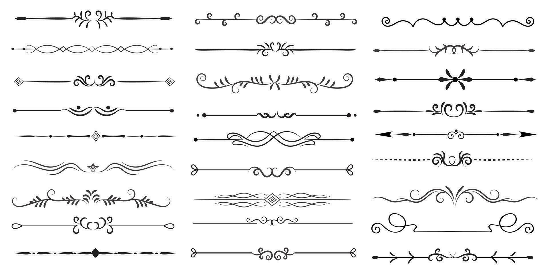 Page Divider And Design Elements. Set of Various Simple Black Divider Design, Assorted Divider Collection Template Vector. Collection of floral dividers elements mega decoration for Calligraphy. vector