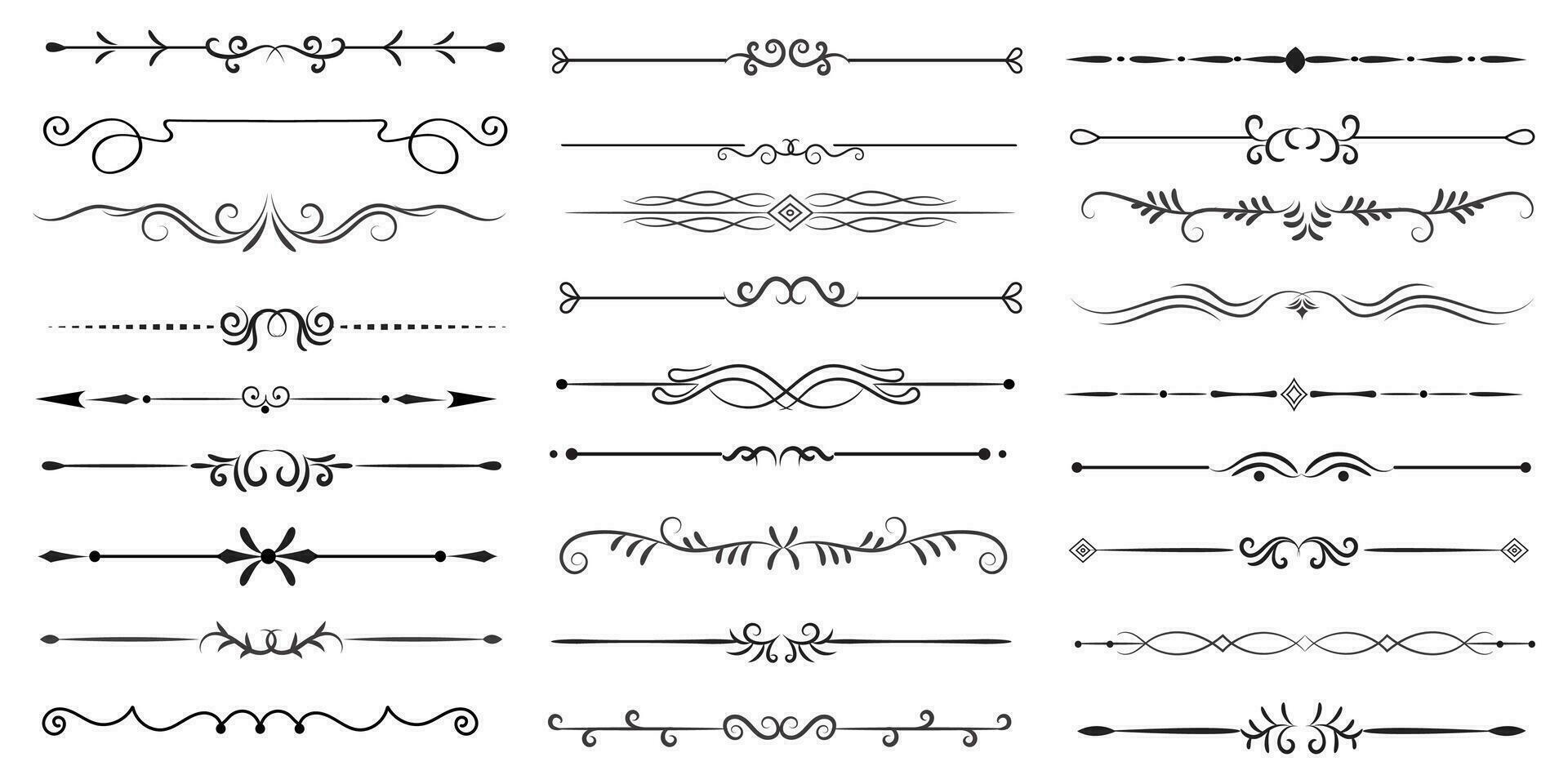 Page Divider And Design Elements. Set of Various Simple Black Divider Design, Assorted Divider Collection Template Vector. Collection of floral dividers elements mega decoration for Calligraphy. vector