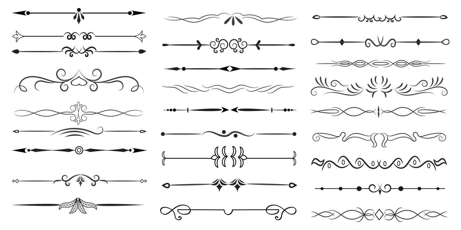 Page Divider And Design Elements. Set of Various Simple Black Divider Design, Assorted Divider Collection Template Vector. Collection of floral dividers elements mega decoration for Calligraphy. vector