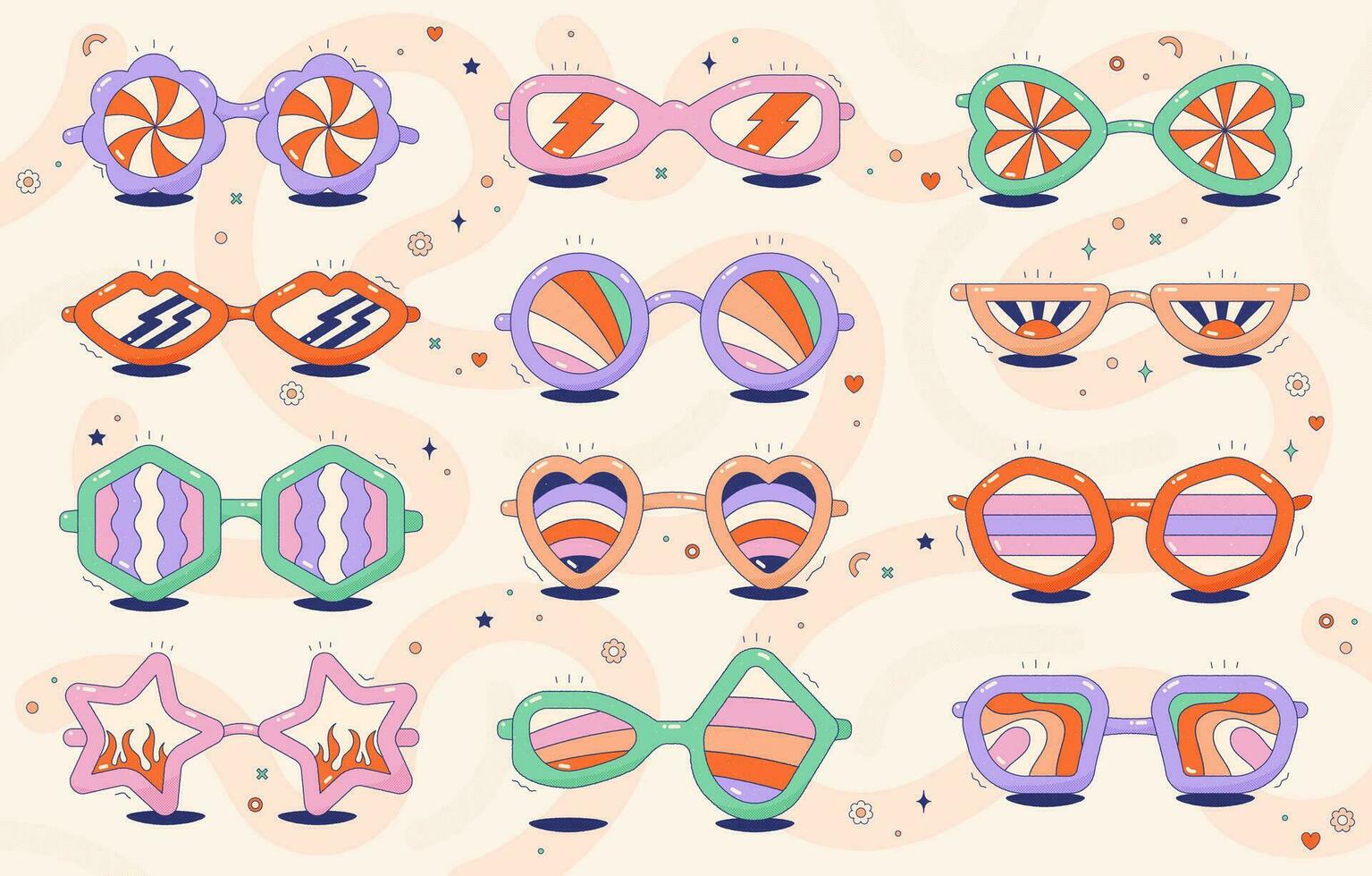 maravilloso Gafas de sol colocar. trippy retro anteojos vector