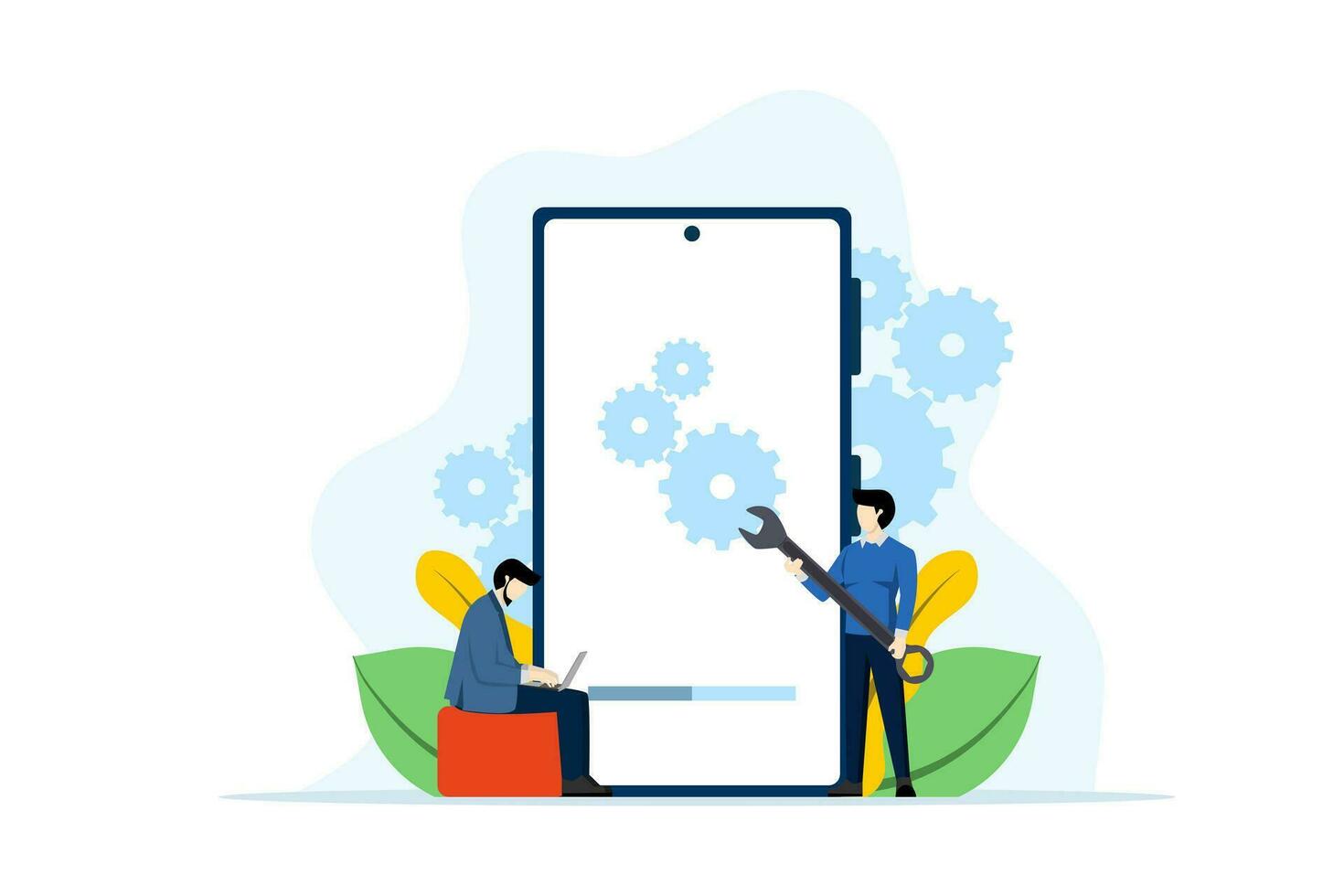 Concept of system maintenance, program and application update, technology, engineer, error, problem fix, device update, software upgrade process, system update, operating system update. vector
