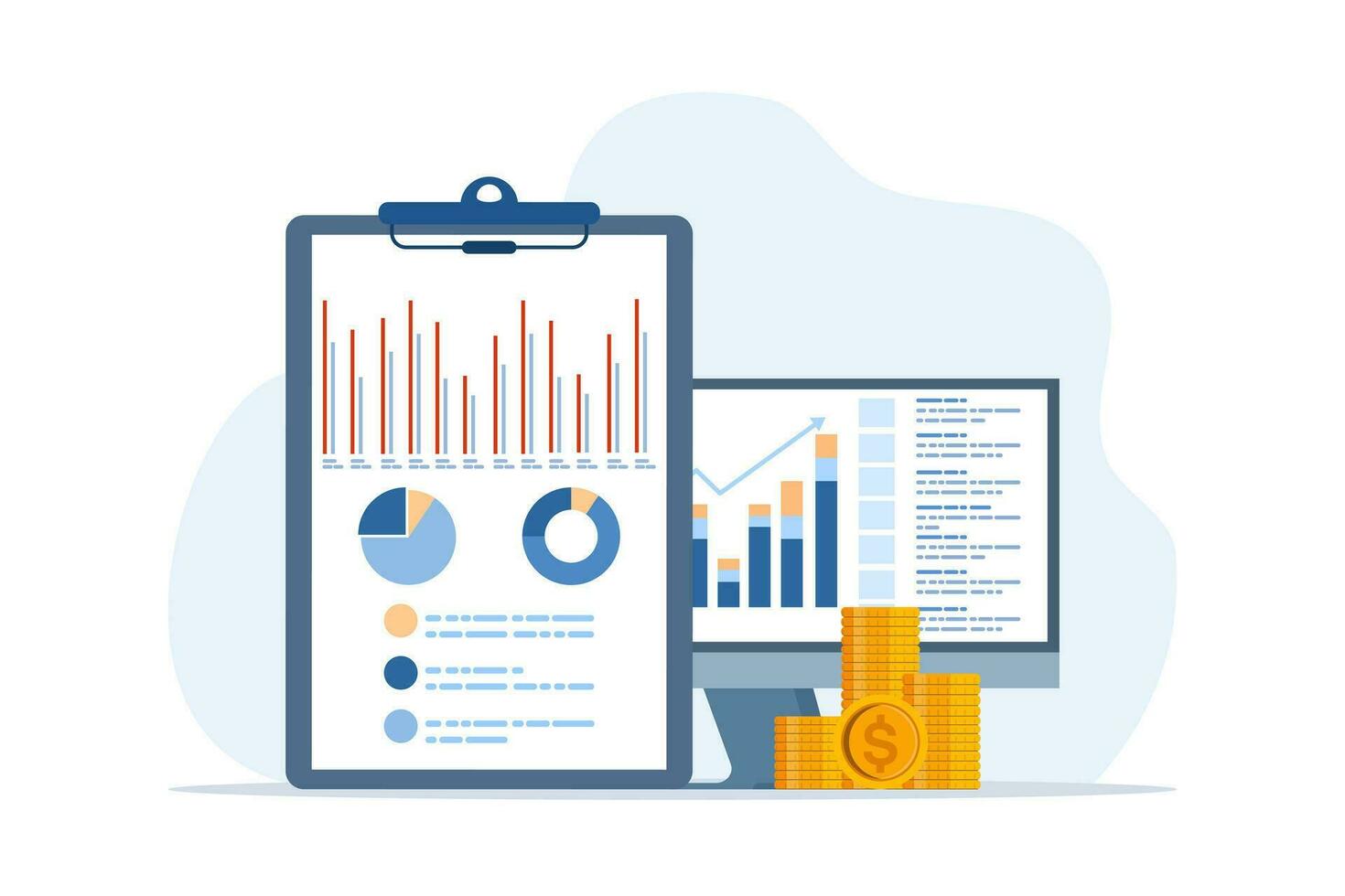 accounting or finance concept, business plan and budget, analyst, accountant, economics, calculating and analyzing personal or company budget, managing financial income, flat vector illustration.