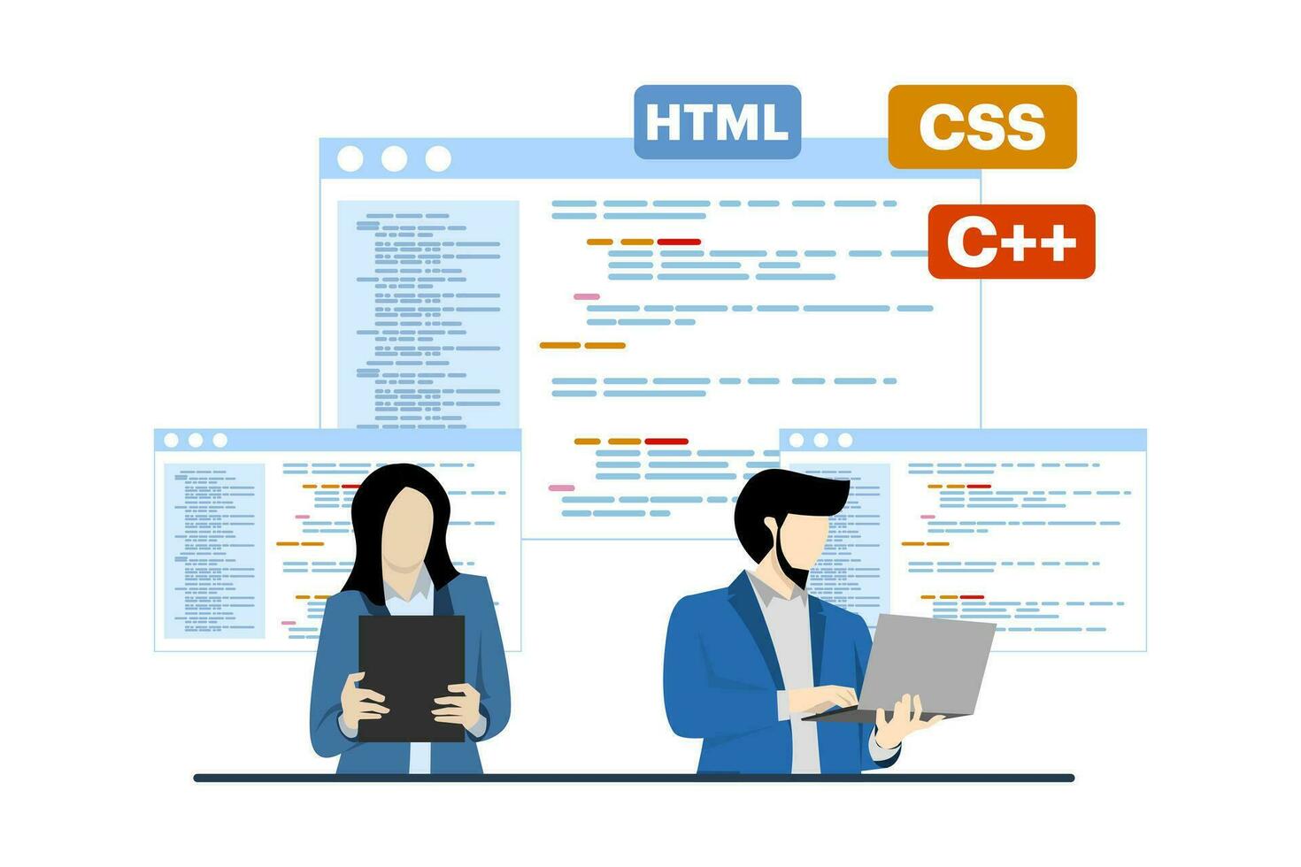 web desarrollo o programación idioma concepto. css, html, él, ui dibujos animados personaje programador desarrollando sitio web, codificación. software desarrollador con ordenador portátil. vector ilustración en blanco antecedentes.