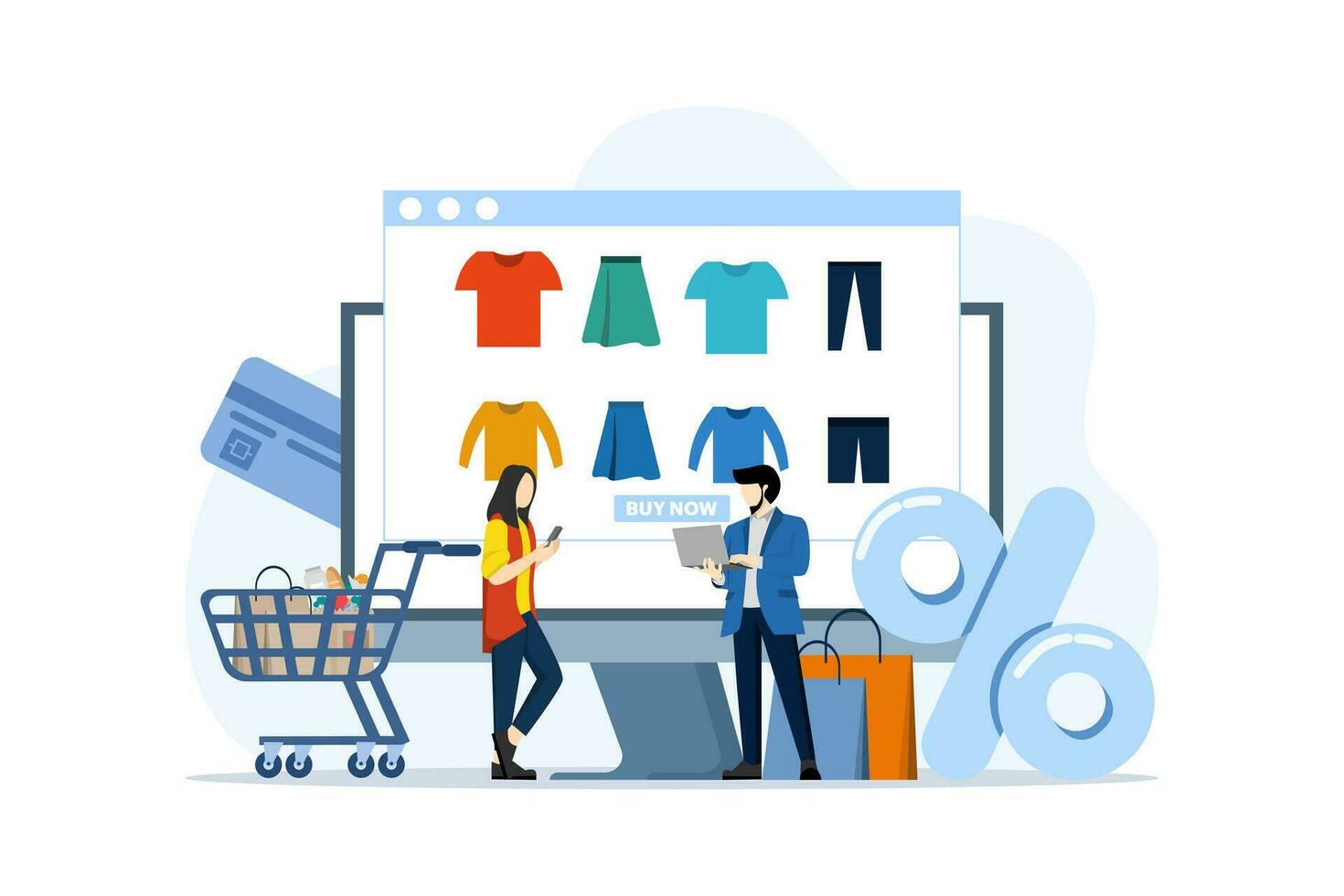 concept of online shopping, e-commerce, flash sale, discount, cashless payment, digital, people doing online shopping transactions, smartphones and credit cards doing online shopping. vector