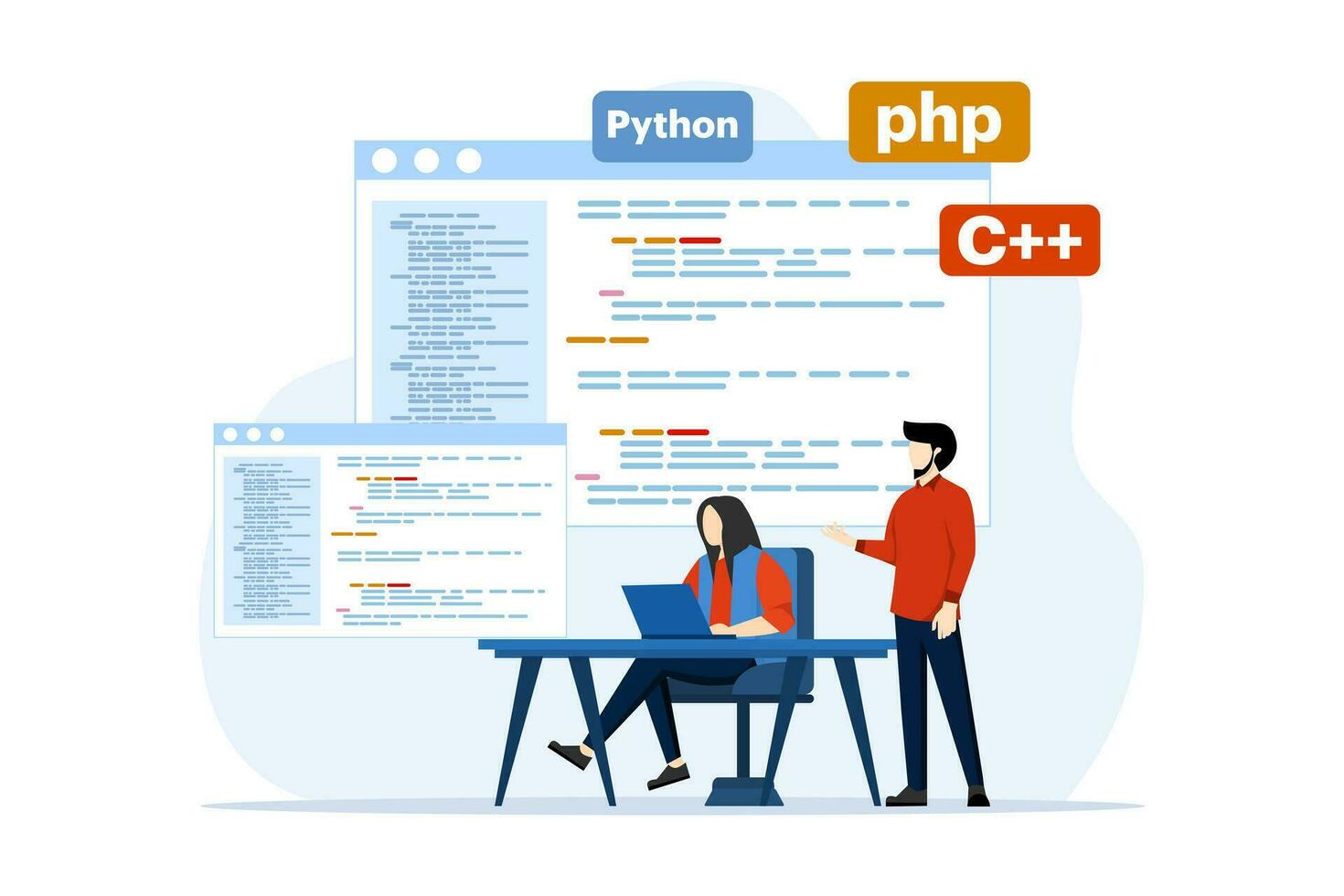 Web development or programming language concept. css, html, IT, ui. Cartoon character programmer developing website, coding. Software developer with laptop. Vector illustration on white background.