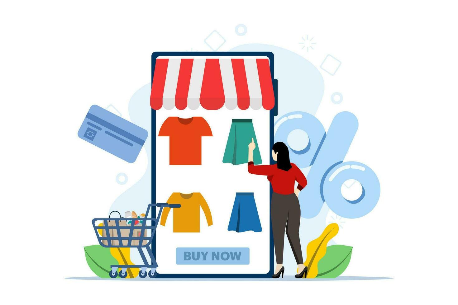concept of online shopping, e-commerce, flash sale, discount, cashless payment, digital, people doing online shopping transactions, smartphones and credit cards doing online shopping. vector