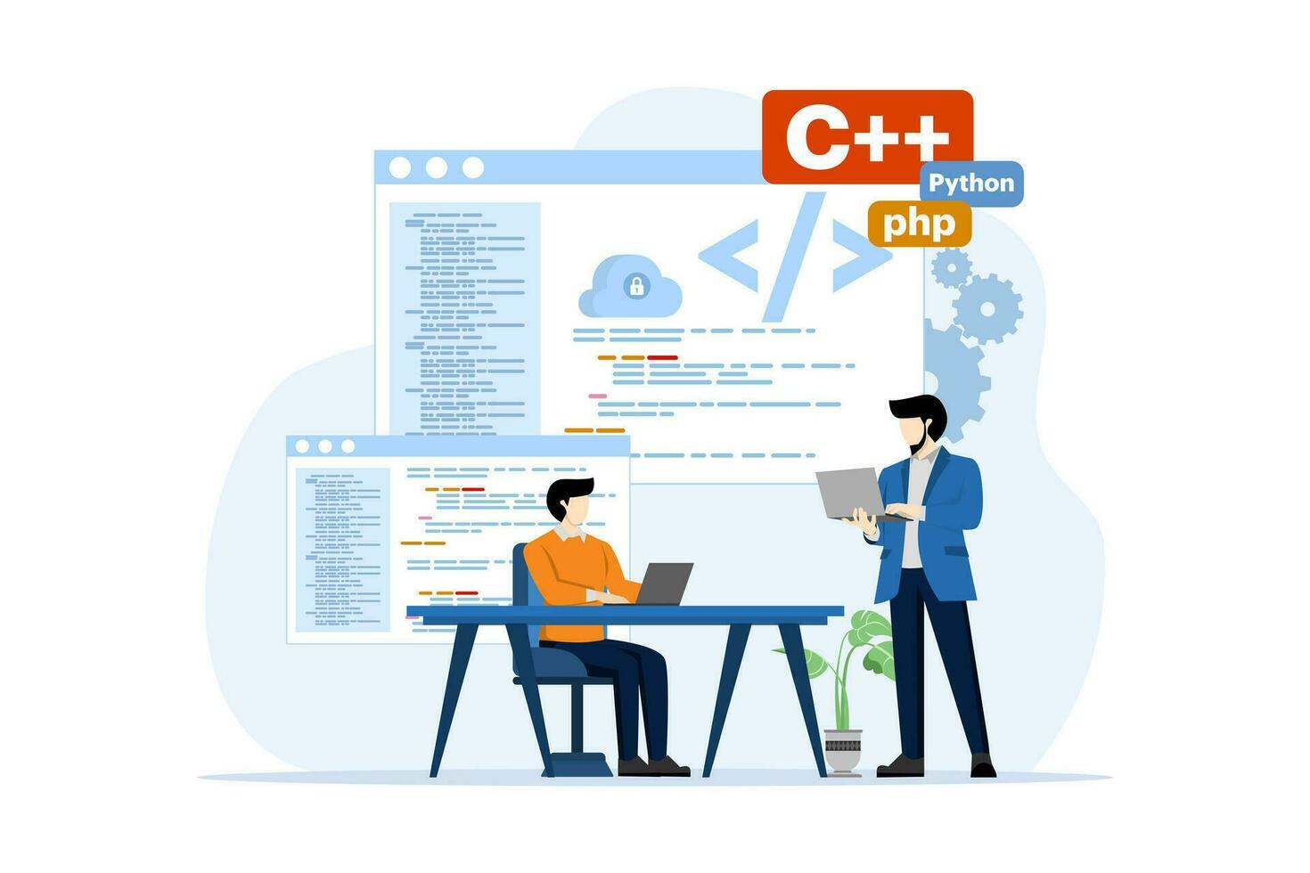 Web development or programming language concept. css, html, IT, ui. Cartoon character programmer developing website, coding. Software developer with laptop. Vector illustration on white background.