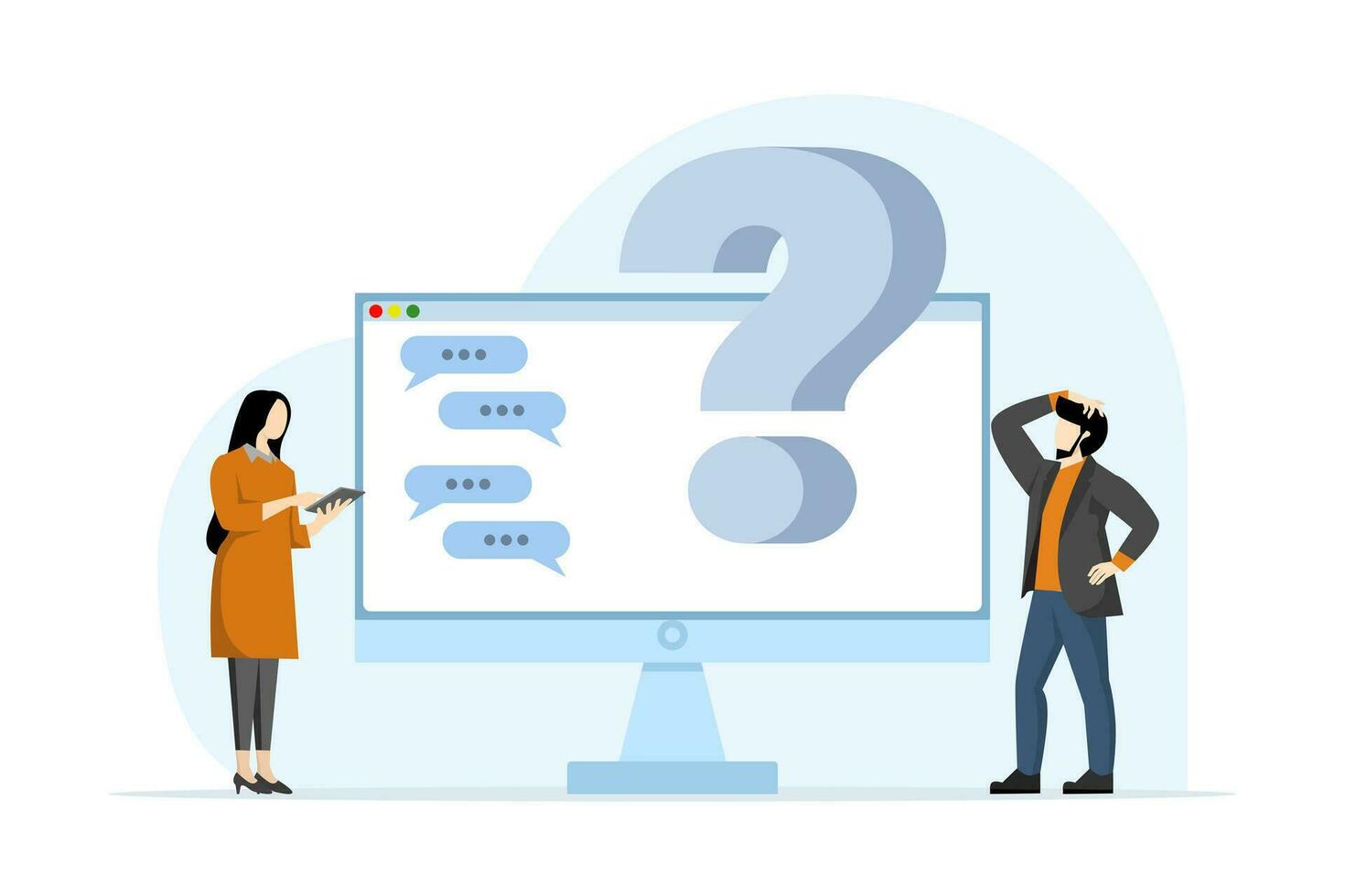 FAQ concept, Characters have questions. Frequently asked questions, customer support, useful information, guides, frequently asked questions. Online information center. flat vector illustration.