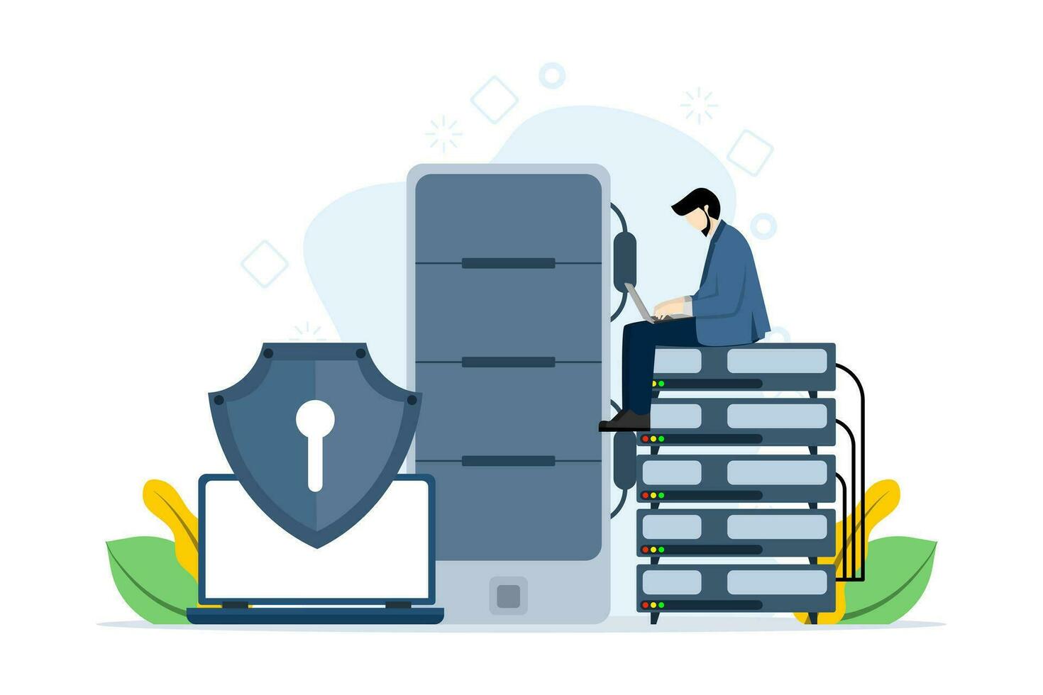 database security concept, data center, programming, engineer, technology, data transmission scheme, secure connection. server rooms, data centers, and databases. safe and secure flat vector. vector