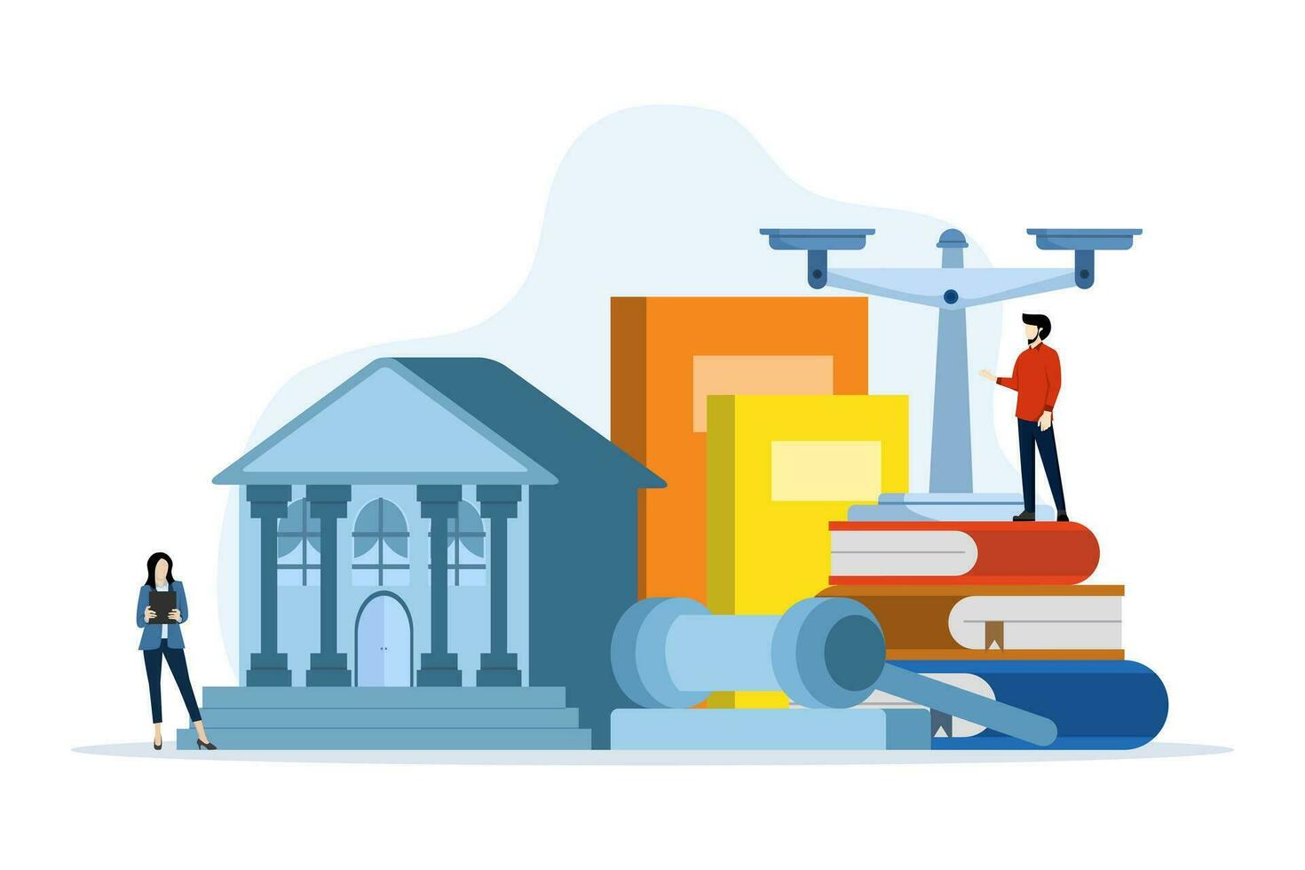 Law and justice scene concept. lawyer consultant client, judge knocks with wooden gavel. Legal advice concept and consultation. Consideration. Flat vector illustration for banners and websites.