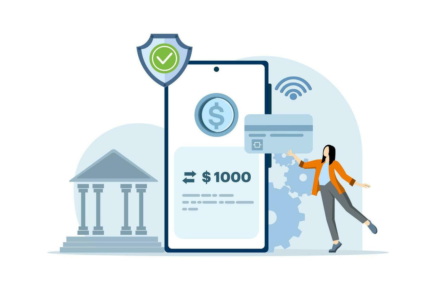 Concept of mobile banking, online payment, online mobile banking. electronic bill payment. Transaction security. credit card, electronic wallet, e-commerce, transaction, purchase, vector illustration.