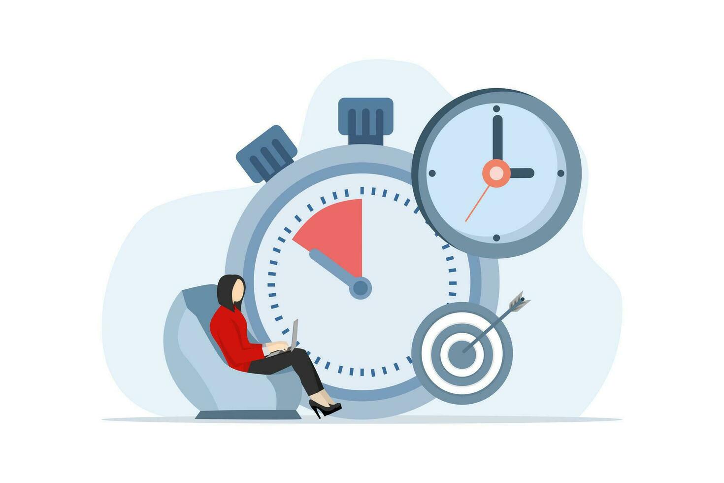 concept of business time management, deadlines, planner, time organization efficiency. Project team work schedule. Good business processes. woman sitting and doing work on laptop. vector illustration.