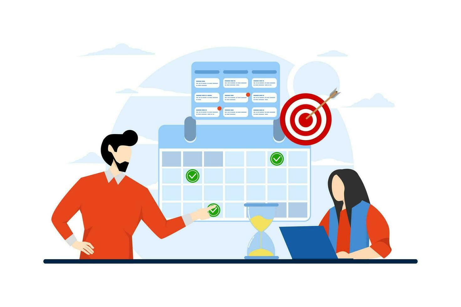 Time management concepts regarding schedules, deadlines, planners, planning and organizing, scheduling appointments on a calendar, marking tasks in a list and organizing office workflow. vector