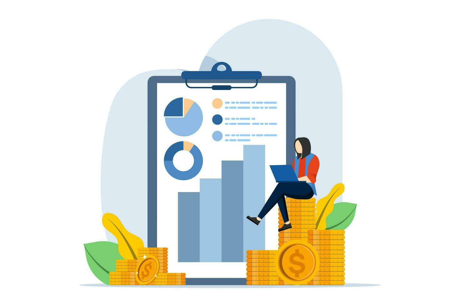 Financial analyst concept. Investor with laptop monitoring dividend growth. actor a business woman sitting on a pile of gold dollar coins reading a financial report. Trader Working on Laptop. vector