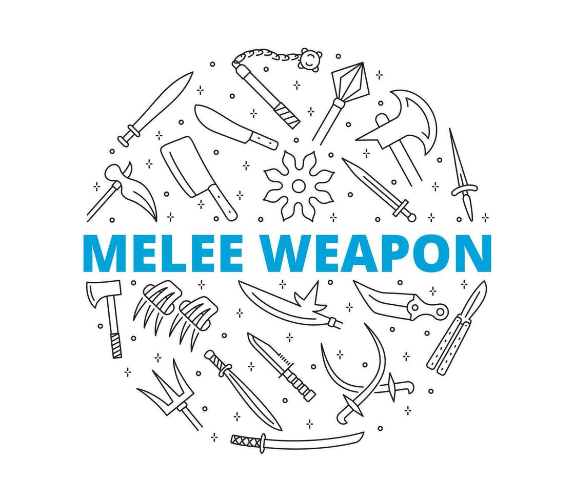 Set of melee weapon Related Line Icons. Circular composition. Linear collection symbols of knife, sword, axe. vector
