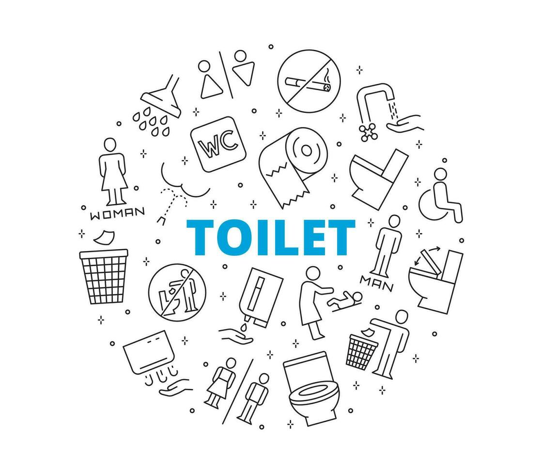 Set of toilet icons. Circular composition. Contains such symbols as wc, restroom, baby, woman, washroom, man and more. vector